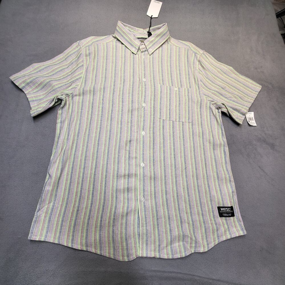 Wezc Linen Blend Shirt Mens M Striped Button Up Short Sleeve